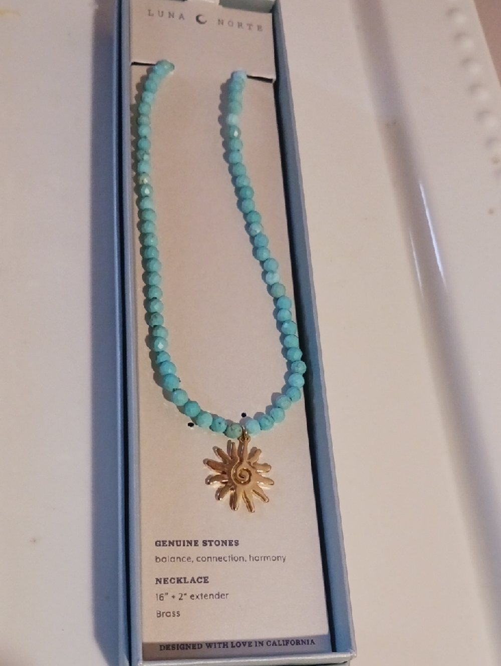 Gorgeous! Genuine Turquoise Sunstone Beaded Necklace Gold-tone Sun Pendant 🌞